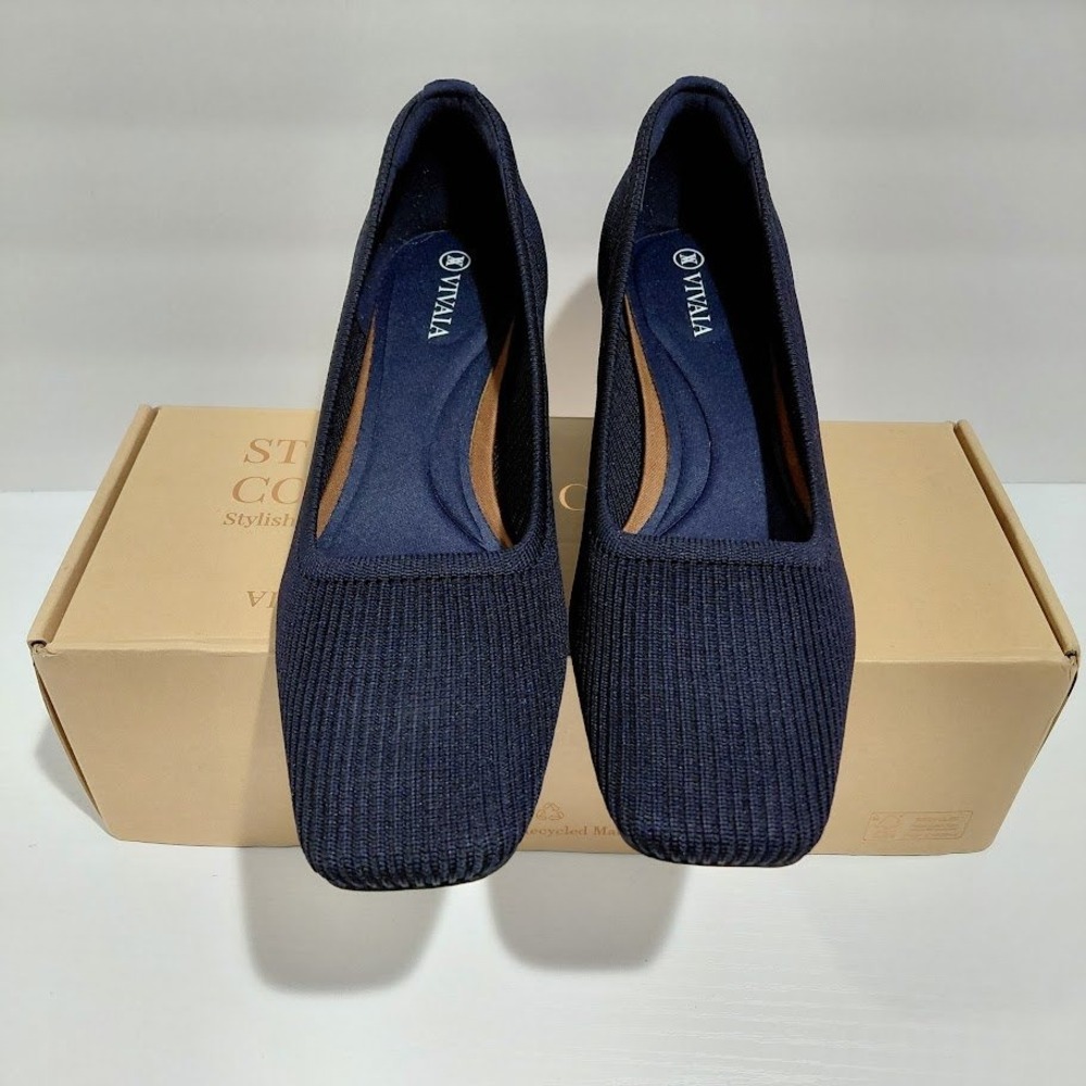 Vivaia Melody 2.0 Navy Blue Ribbed Knit Square Toe Block Heel Pumps Size 39 - Picture 11 of 11